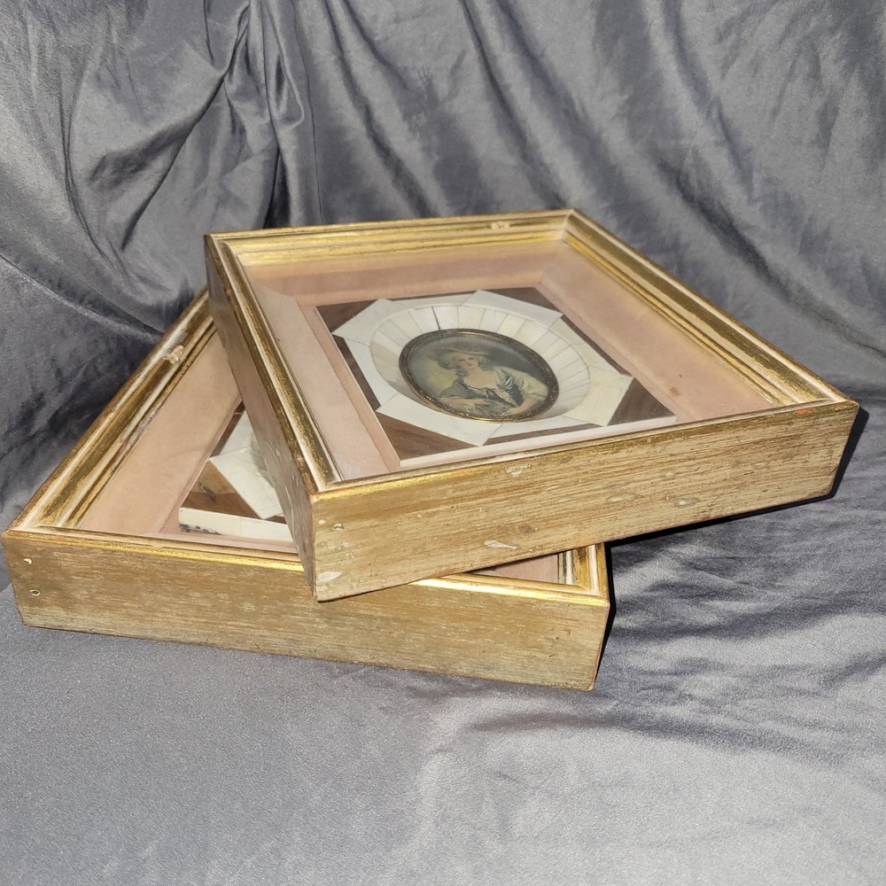 Victorian Portraits Miniature Hand Painted Bakelite Frame Lady Gold Matted Pair - Picture 8 of 11